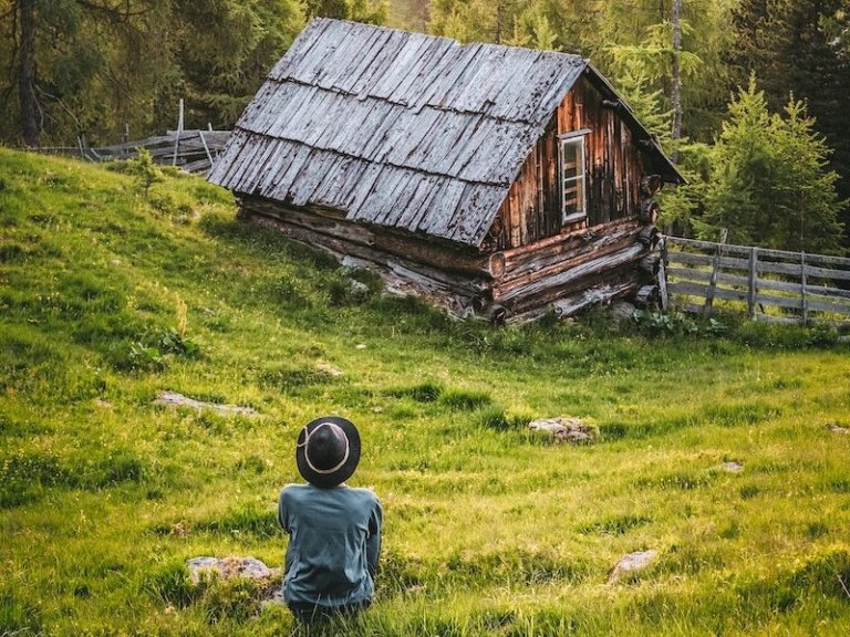 Person Sitting in Front of Brown and Black House